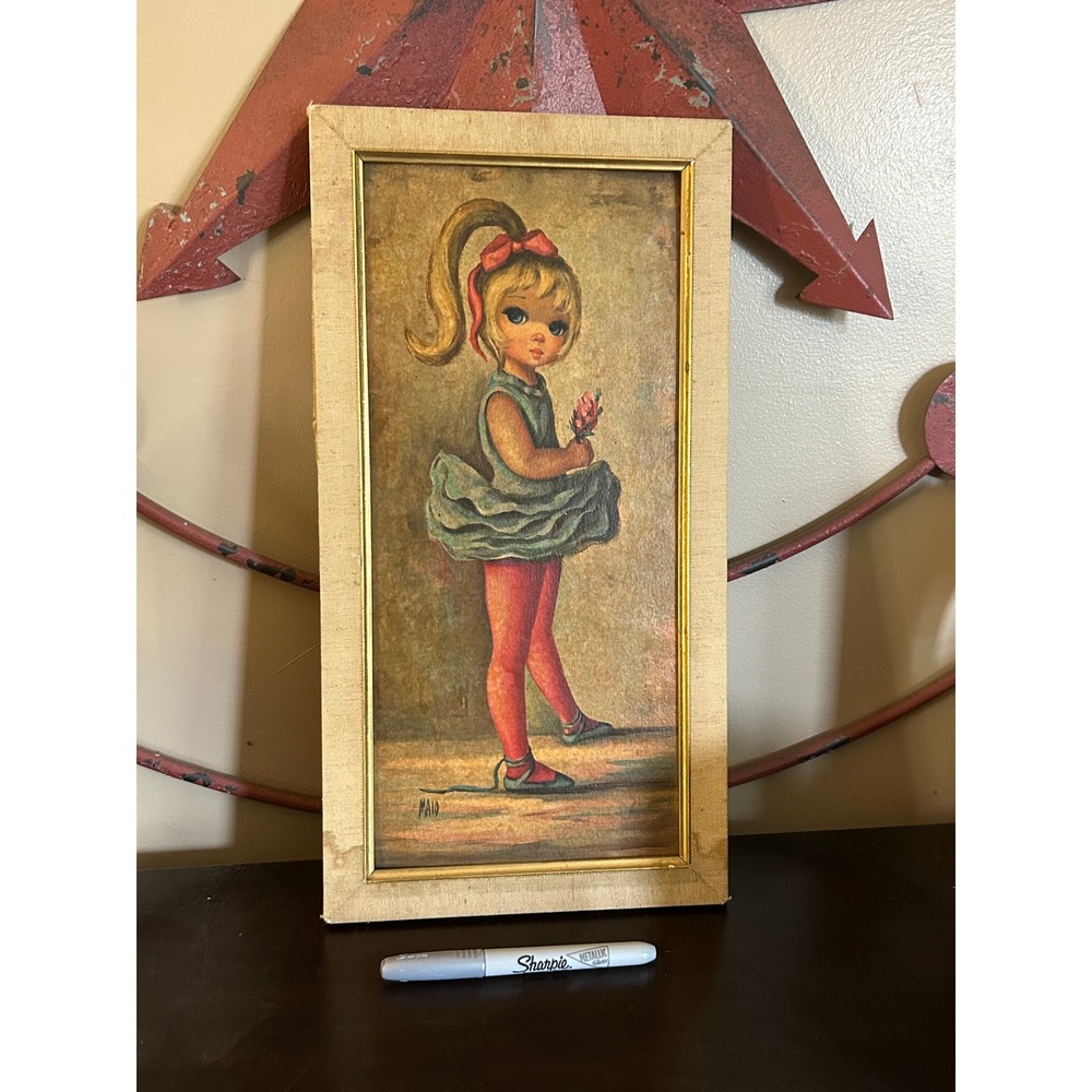 Vintage Maio Big Eye Girl Ballerina Lithograph Print Framed Mid Century Kitsch
